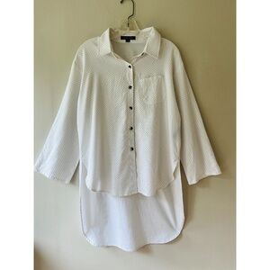 PERIPHERY Black Dotted Over White Sleeve‎ Blouse High Low Hem Button Up Size 10